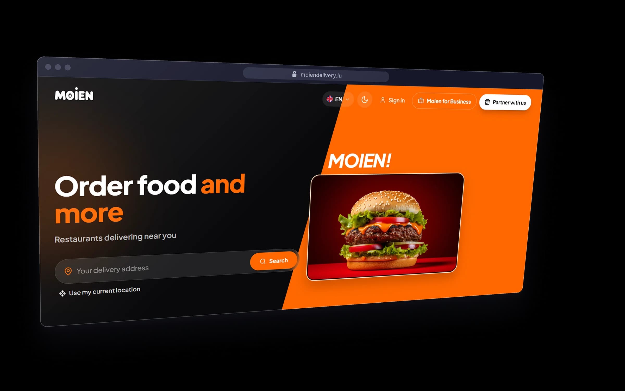 Moien food delivery home page in a dark browser window